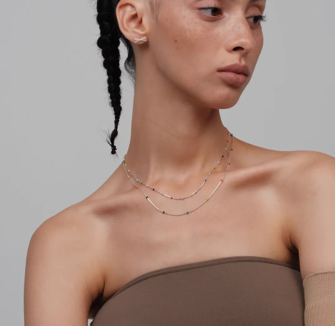 Minimalist Snake Chain Necklace with Rainbow Enamel Beads