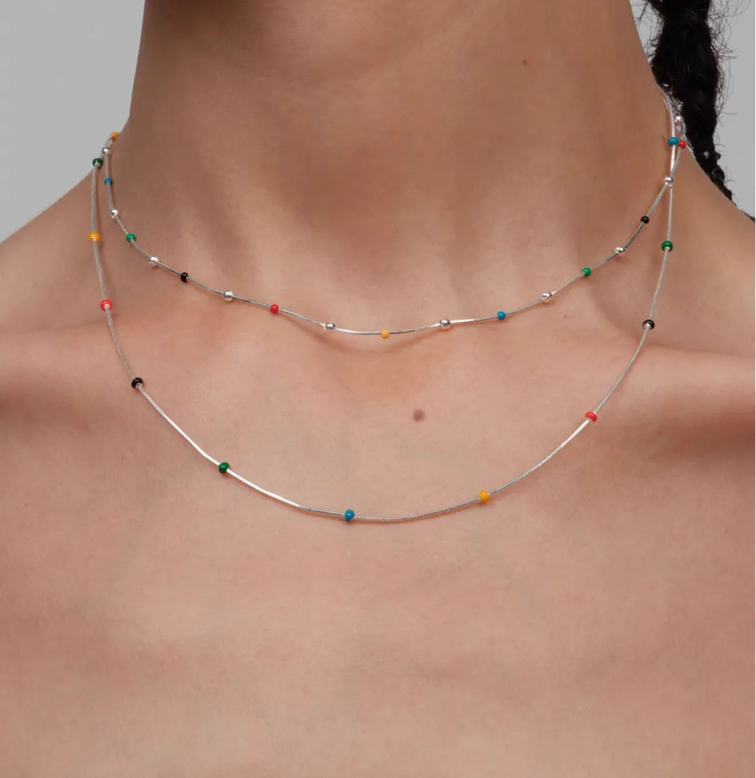 Minimalist Snake Chain Necklace with Rainbow Enamel Beads