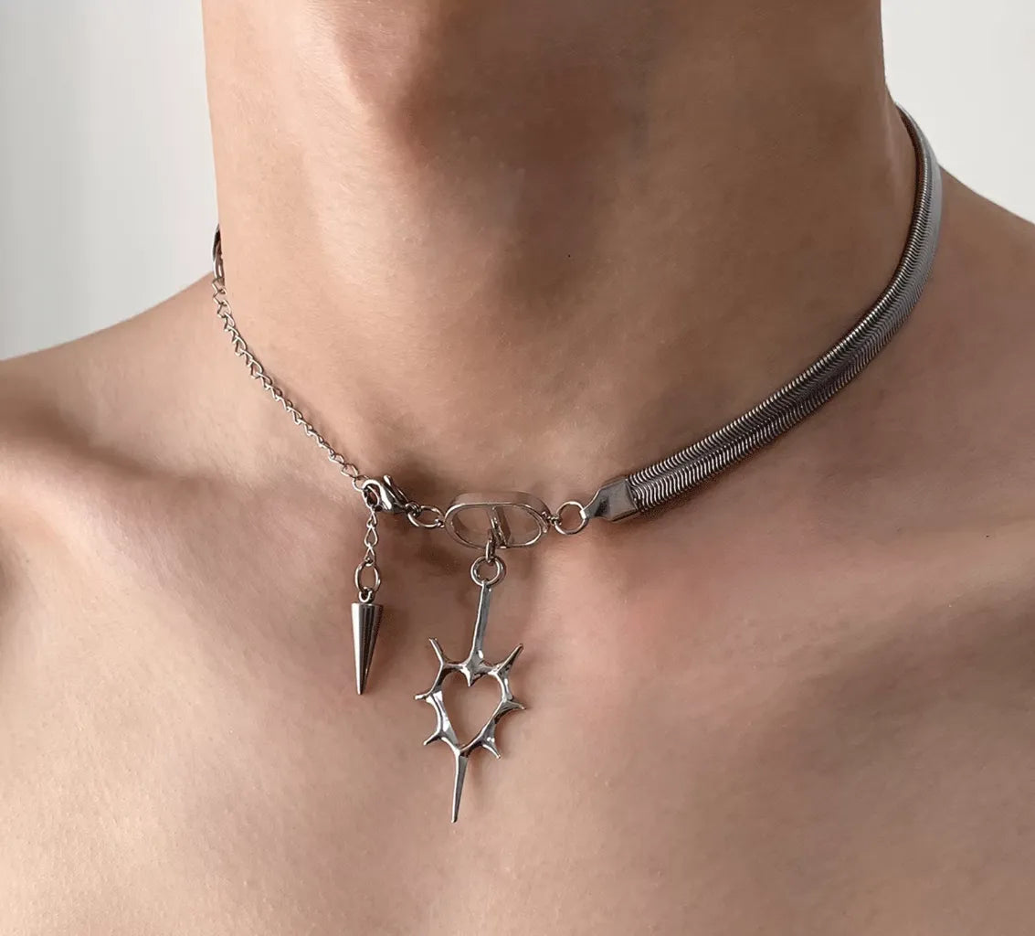 "meteorite crater" Gothic Punk Radiant Heart Necklace with Spike Charm