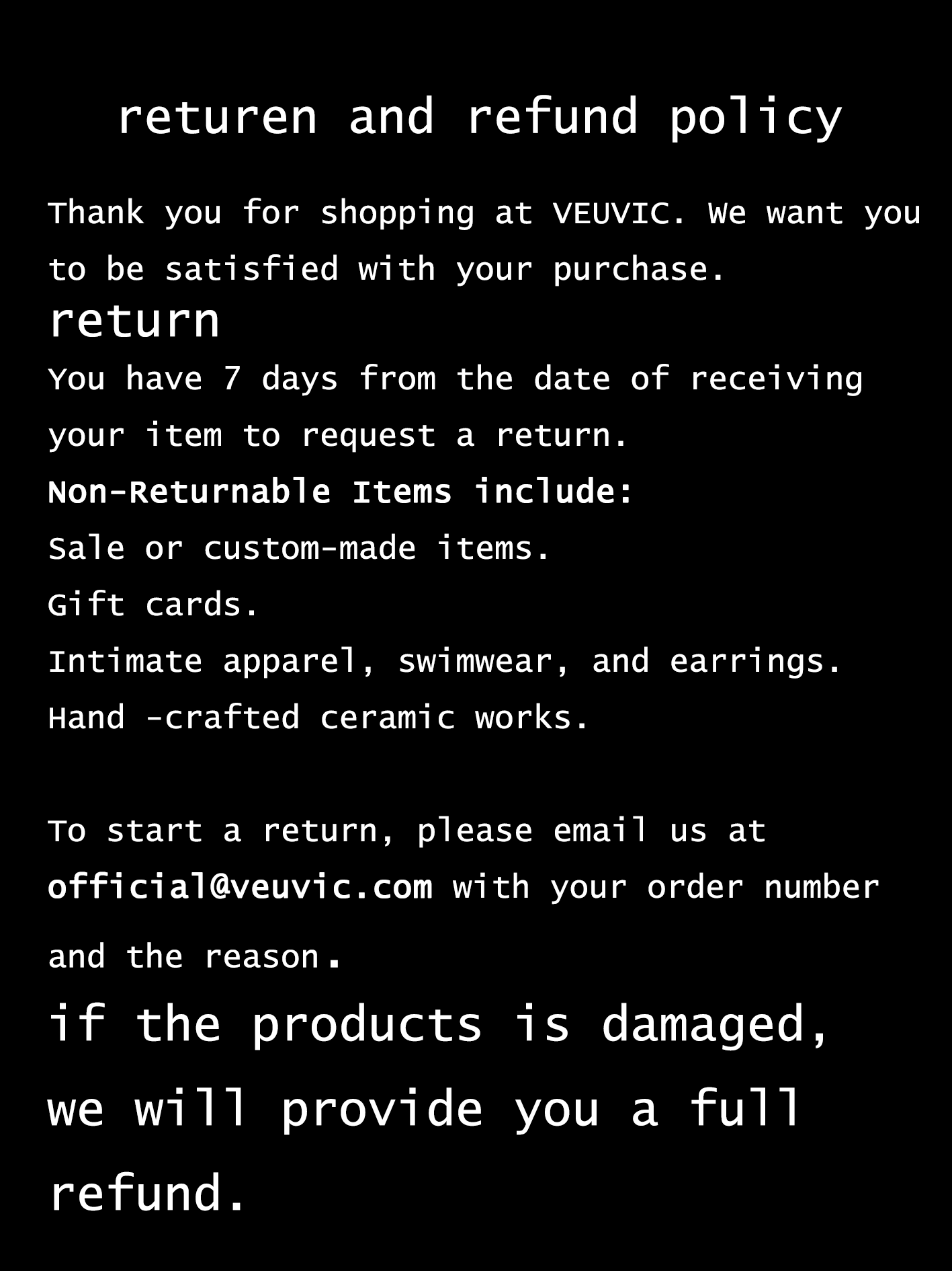Return and refund policy text for VEUVIC on a black background