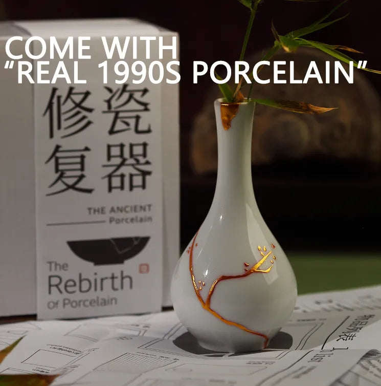 White porcelain vase with gold accents on a newspaper, with a box labeled 'The Rebirth of Porcelain' in the background.