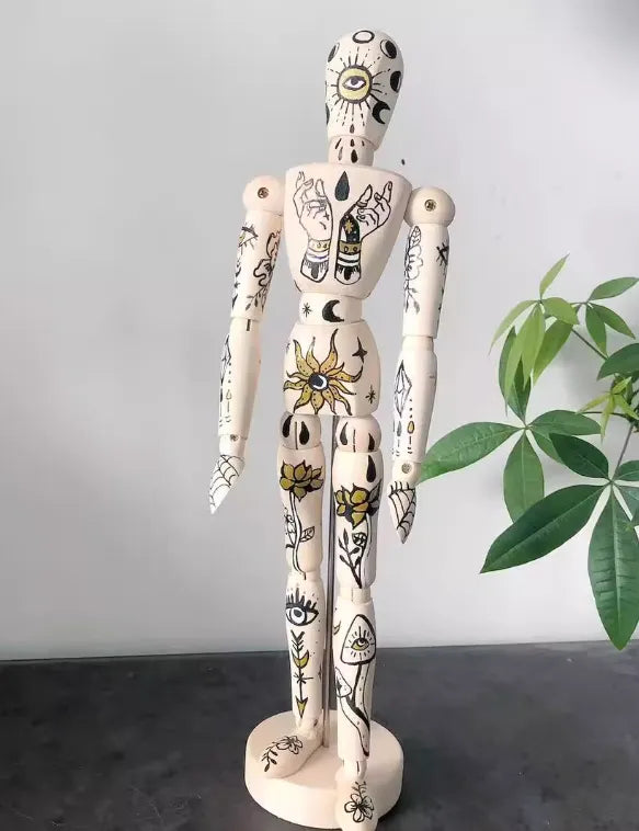 Oldschool Hand-Painted Wooden Art Mannequin – Gothic Tattoo Body Figurine Home Décor