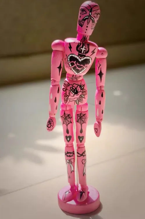 Oldschool Hand-Painted Wooden Art Mannequin – Gothic Tattoo Body Figurine Home Décor