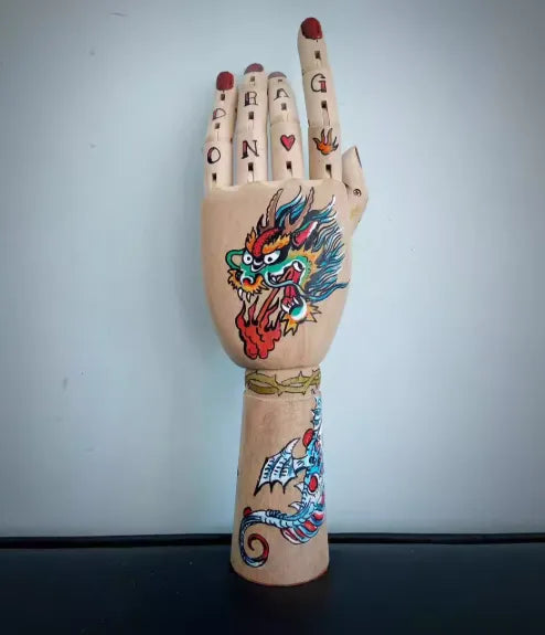 Oldschool Hand-Painted Wooden Art Mannequin – Gothic Tattoo Body Figurine Home Décor
