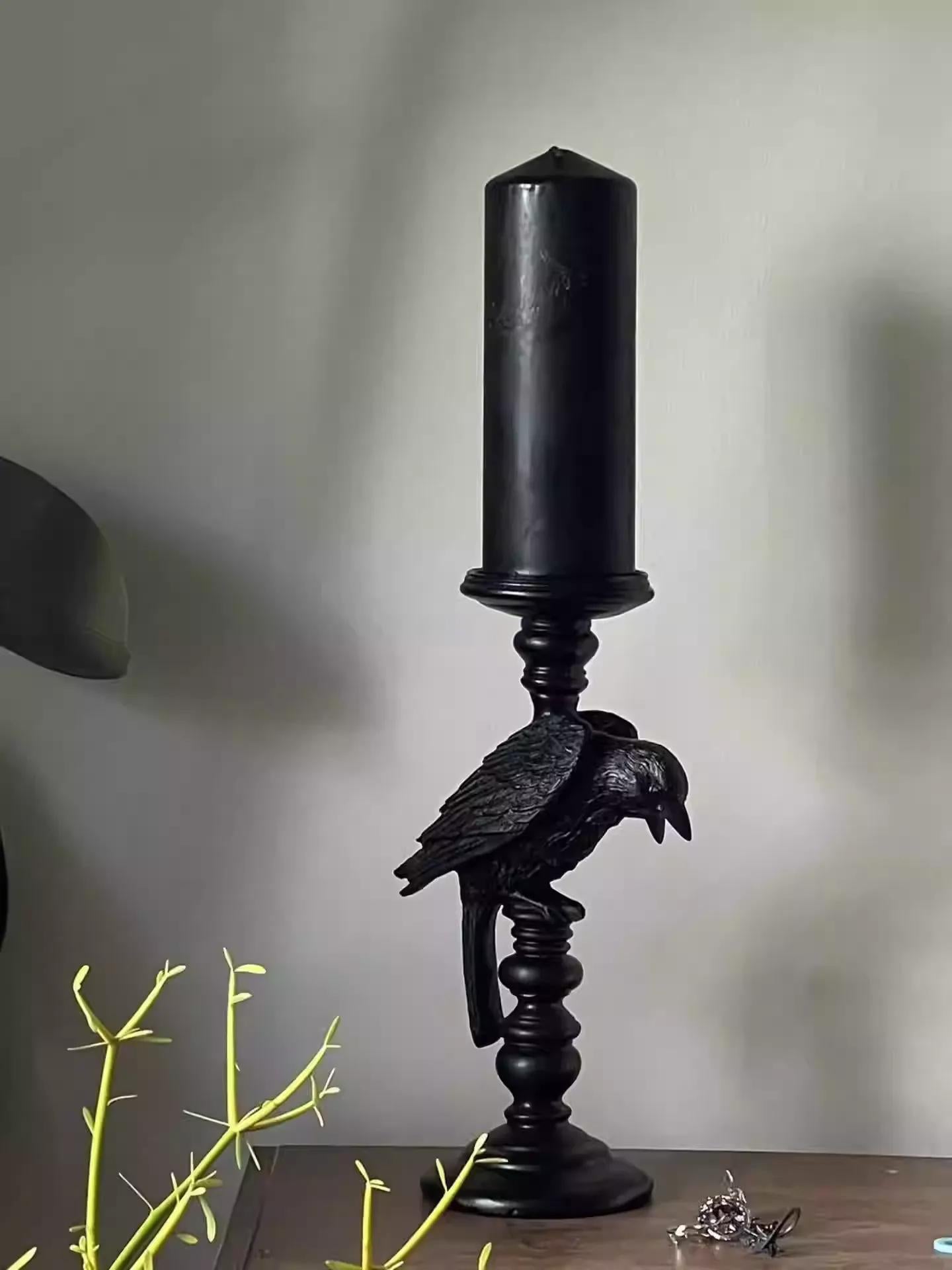 Handcrafted Gothic Raven Candle Holder – Black Halloween Decor