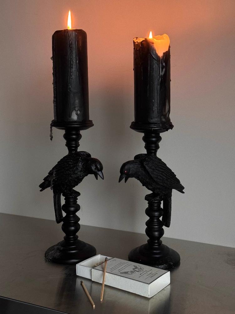 Handcrafted Gothic Raven Candle Holder – Black Halloween Decor