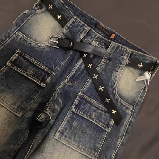 black gothic cross belt with silver chain details