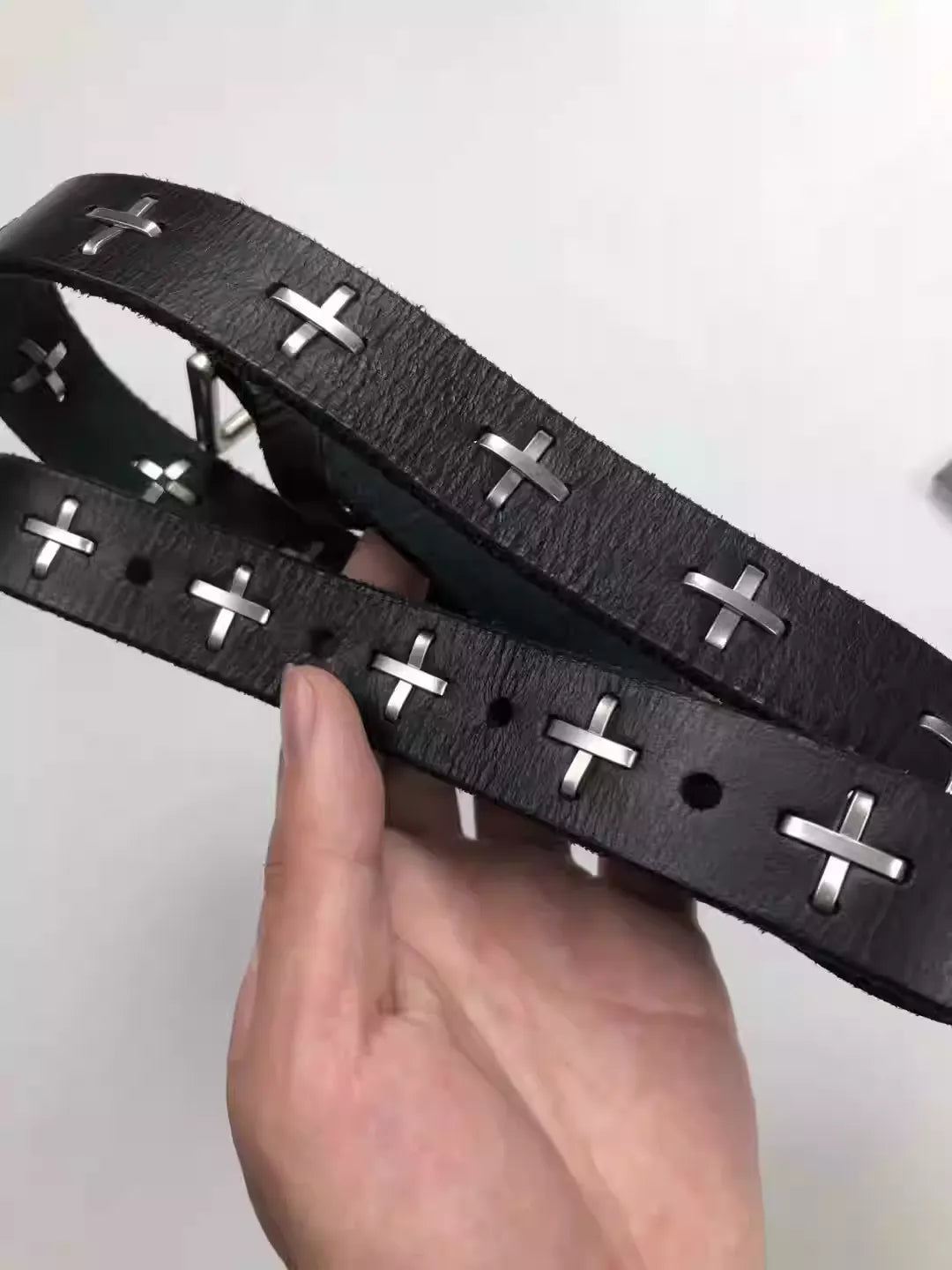 “handmade faux leather gothic belt with cross pendant”